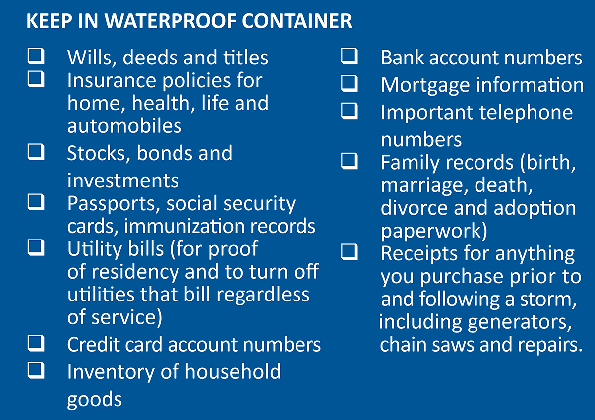Checklist of important documents to keep in a waterproof container during emergencies.
