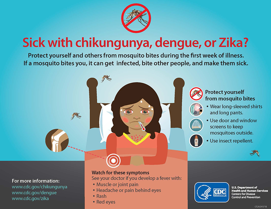 Infographic about protecting yourself and others from mosquito bites when sick with chikungunya, dengue, or Zika.