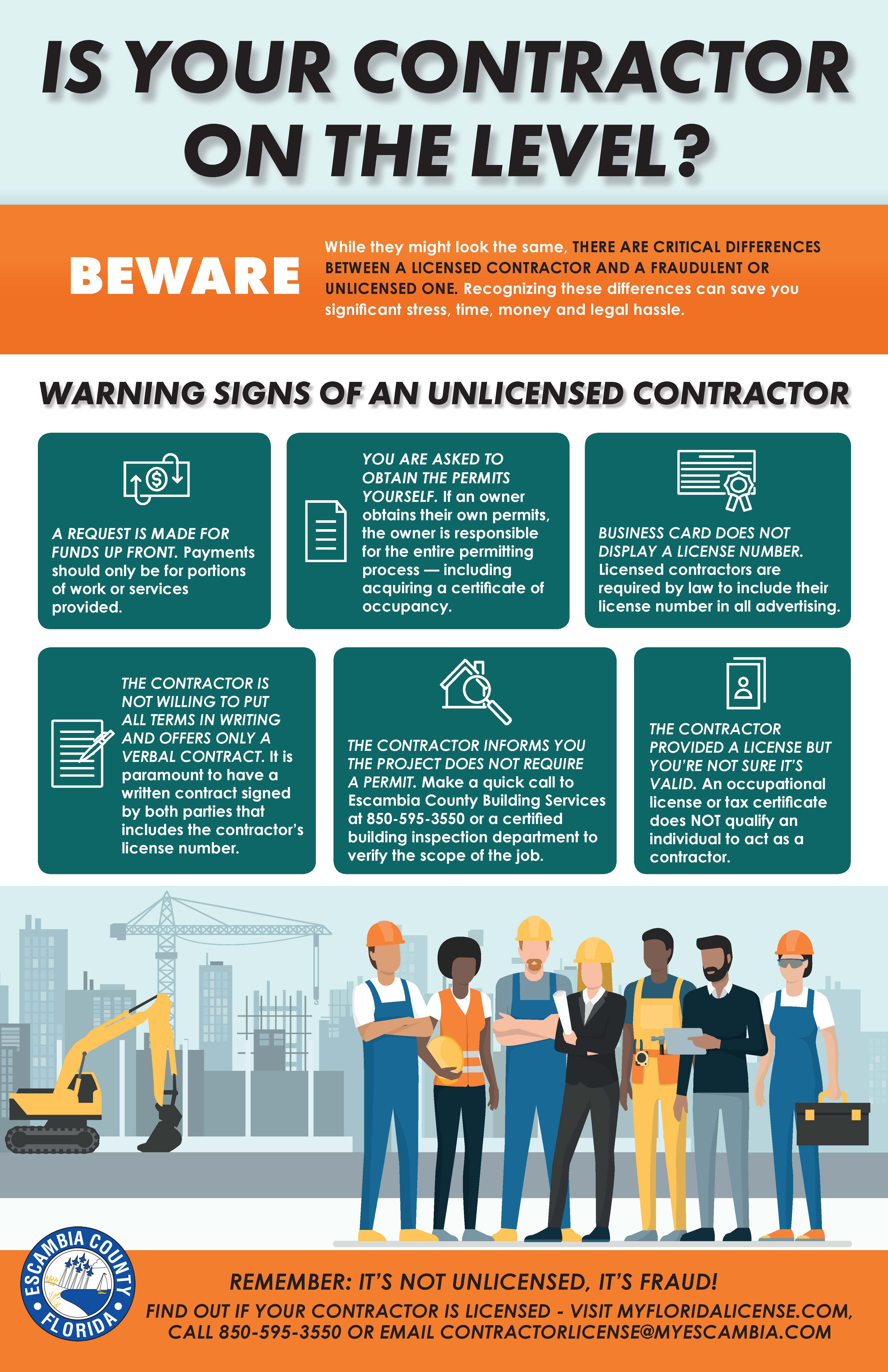 Infographic showing warning signs of an unlicensed contractor and how to verify licensing.