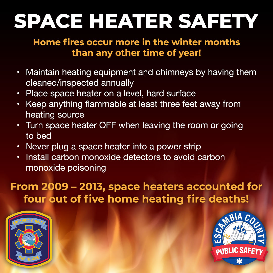 Space heater safety infographic with tips for preventing fires during winter.