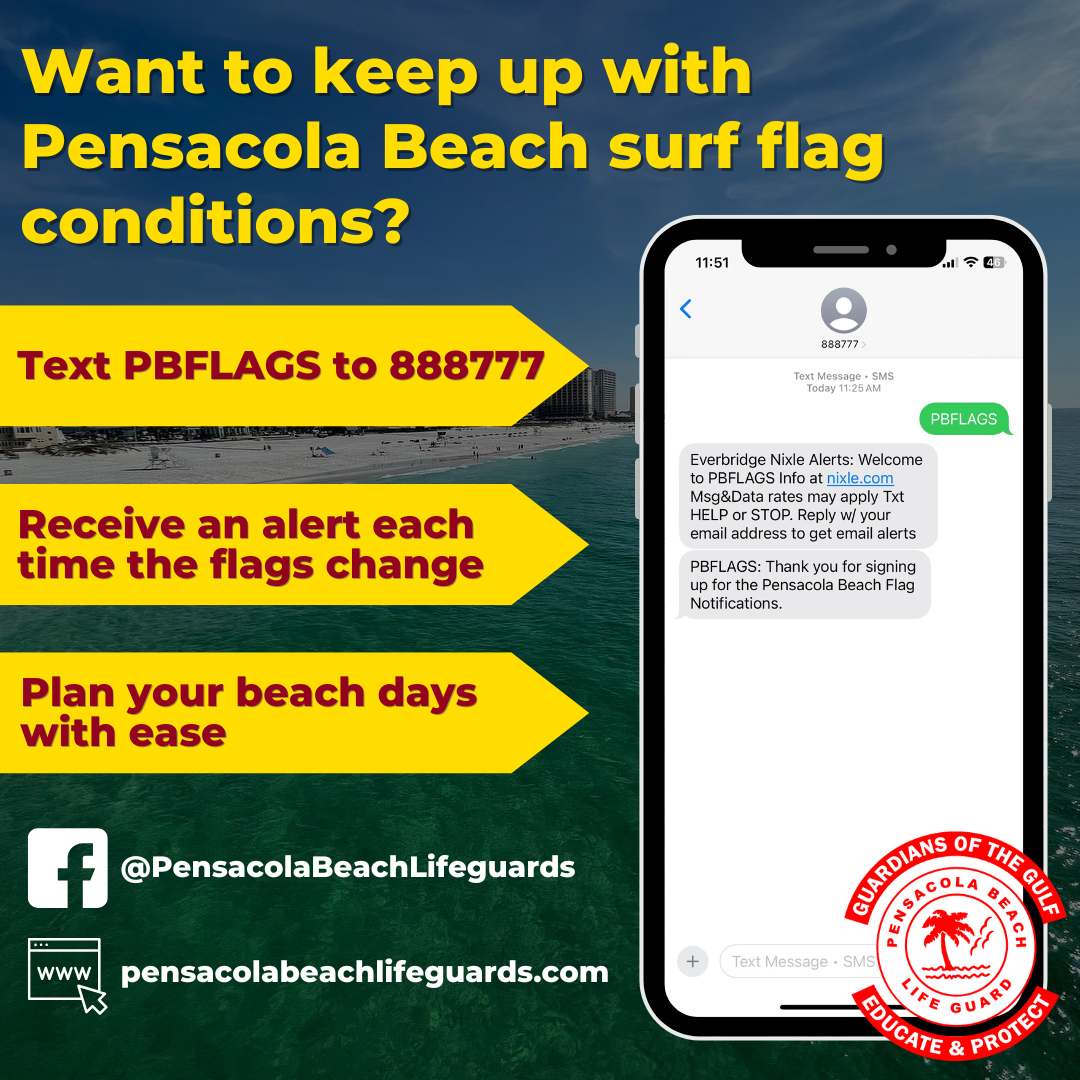 Pensacola Beach surf flag alert sign-up instructions via text message notifications.
