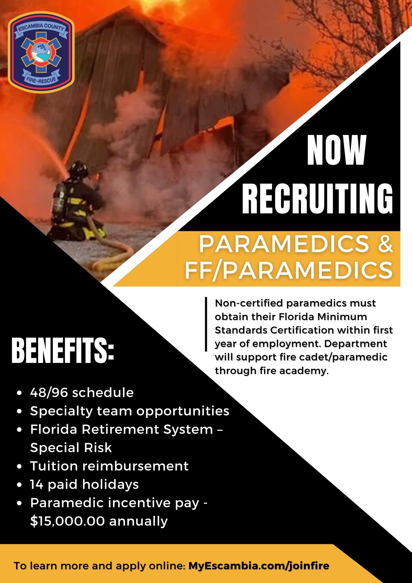 Escambia County Fire Rescue recruitment flyer for paramedics and firefighter paramedics, including benefits and application information.