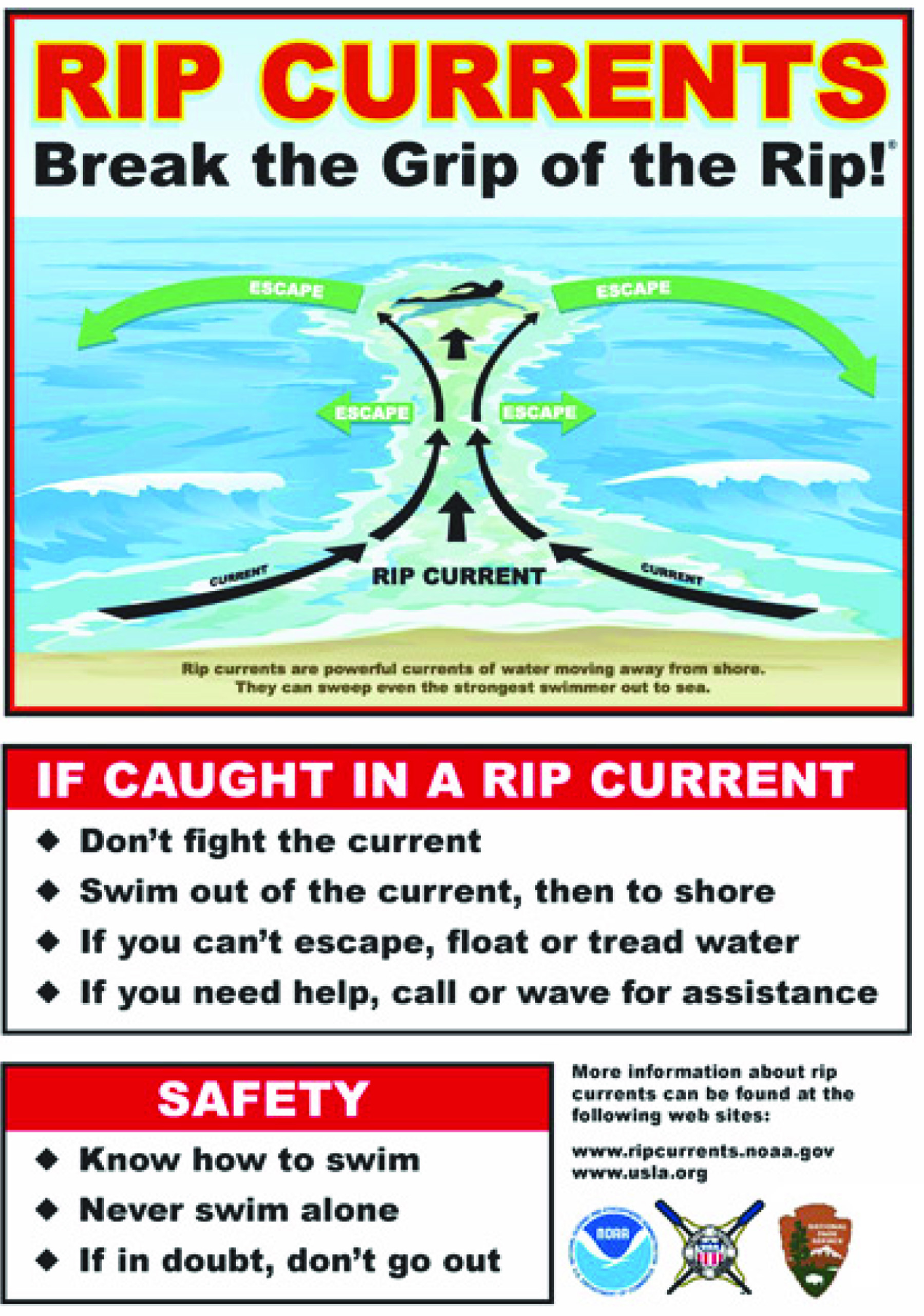 Rip current safety infographic showing how currents flow and how to escape safely.