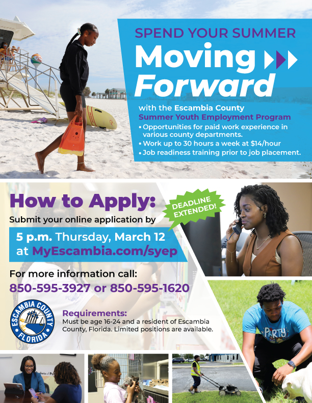 Summer Youth Employment Program flyer with application details, eligibility, and contact information.