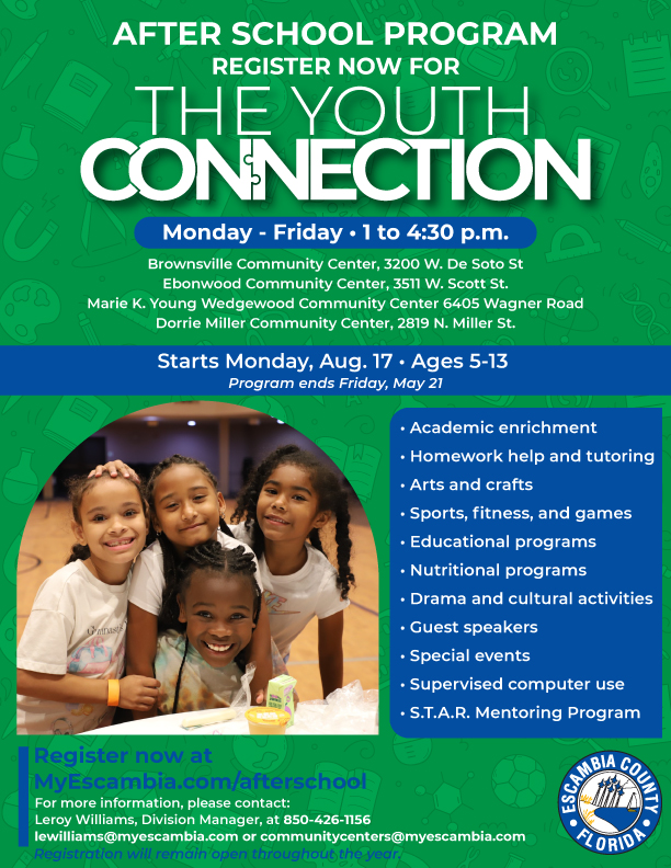 After School Program flyer for The Youth Connection with schedule, locations, activities, and registration details.