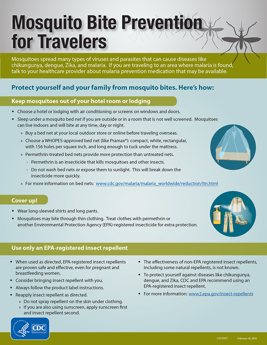 Mosquito bite prevention for travelers infographic with guidance about lodging, protective clothing, bed nets, and EPA-registered insect repellent.