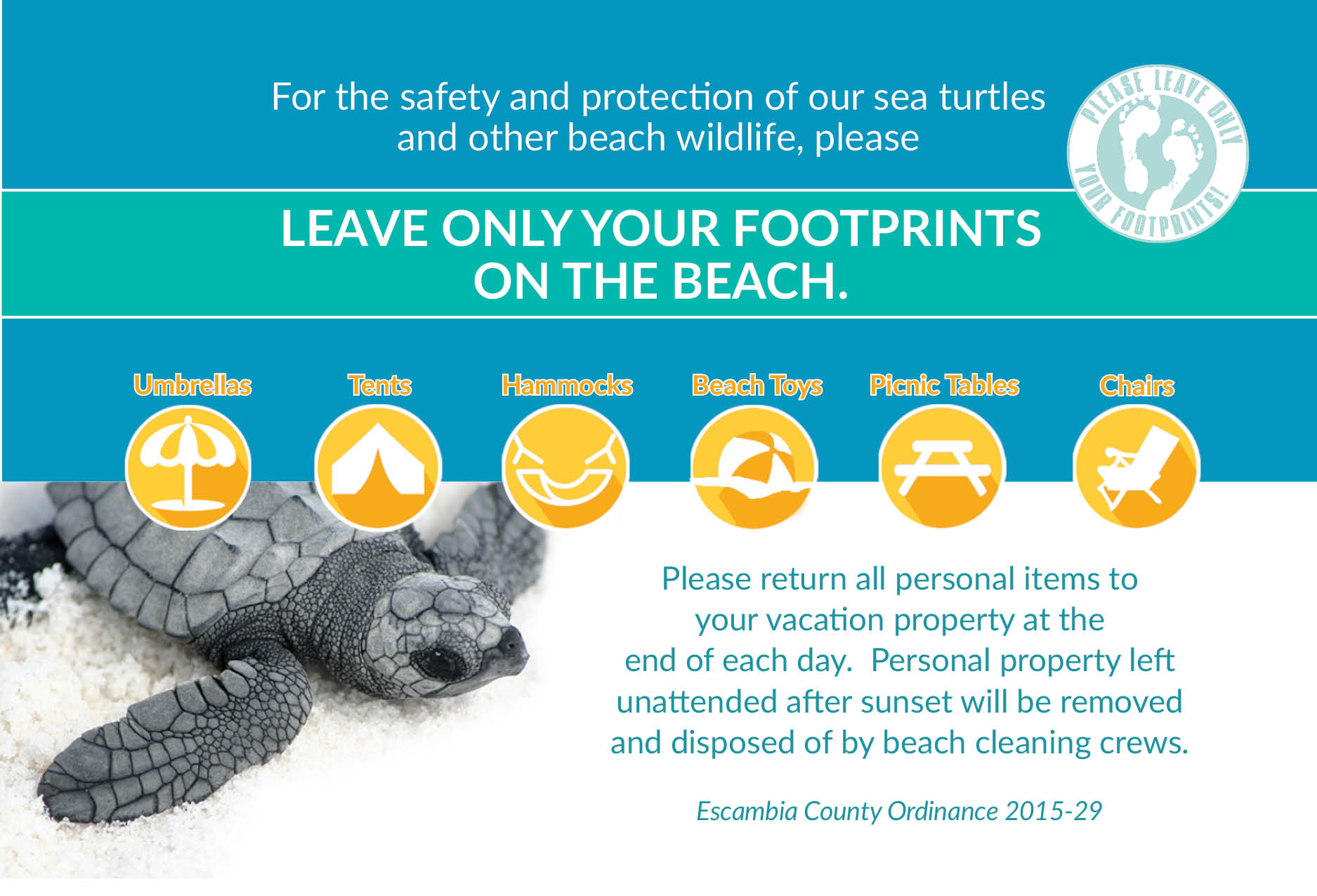 Beach wildlife protection sign asking visitors to leave only footprints on the beach and remove personal items each day.