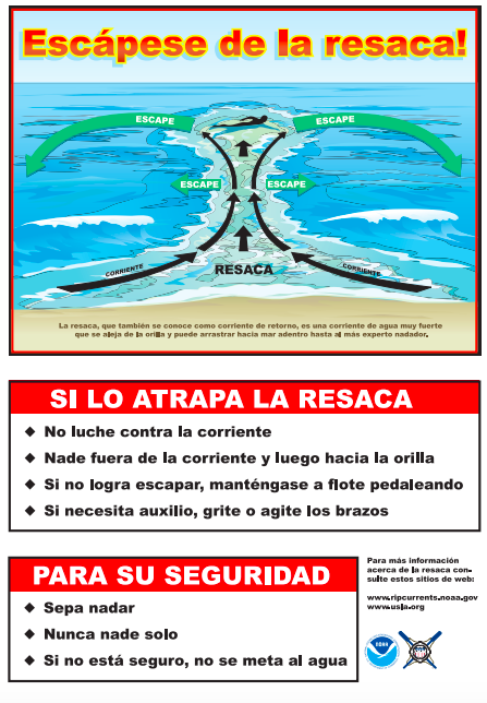 Información en español sobre corrientes de resaca y cómo escapar de forma segura.