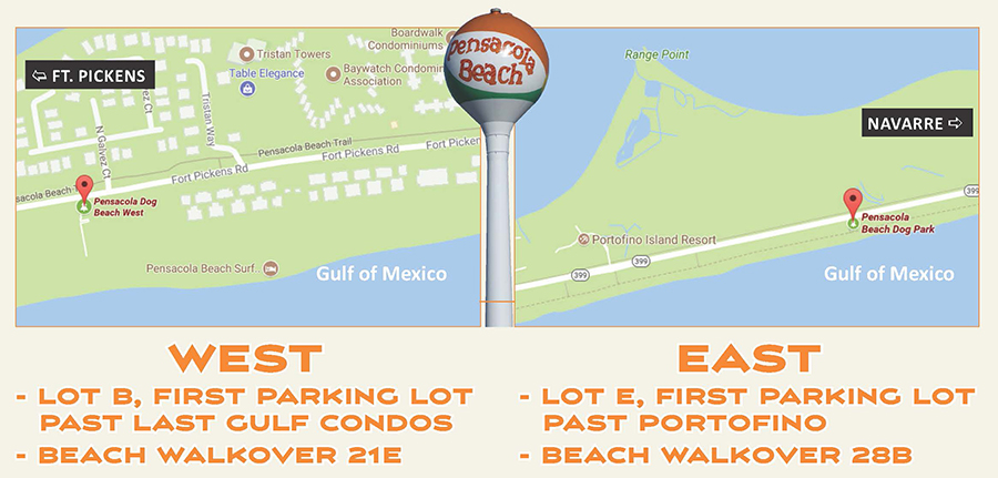 Map showing locations of Pensacola Beach dog parks on the west and east sides of the island.