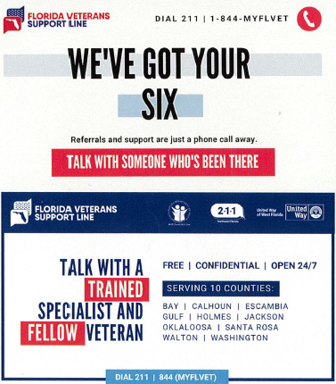 Florida Veterans Support Line offering 24/7 confidential help. Dial 211 or 1-844-MYFLVET to speak with a trained specialist or fellow veteran.